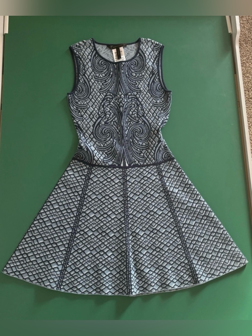 BCBGMaxAzria Size XS Light Blue and Navy Embroidered Fit-and-Flare Mini Dress